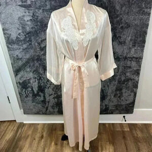 Vtg Alexandra Nicole Bridal Robe Light Pink Belted Embroidered Sz M Long Pockets